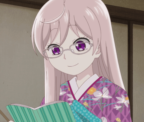 a girl with glasses and a purple kimono is reading a book